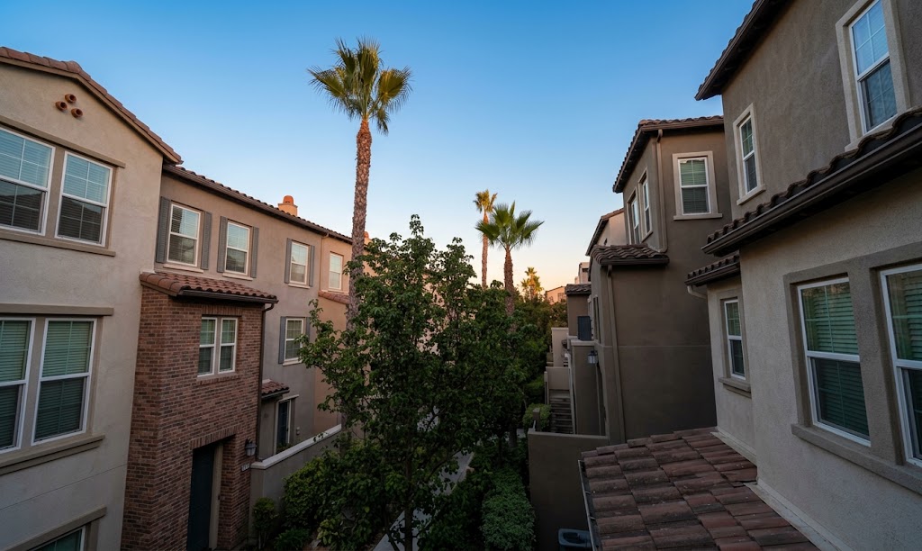 Walking path at dusk between two rows of Spanish style townhomes in 4S Ranch, with mature palm trees and warm golden sky between the buildings.